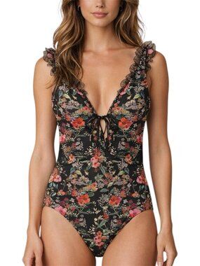 Ted Baker London Tilulah Black Floral Plunge Ruffle One Piece Swimsuit Size M